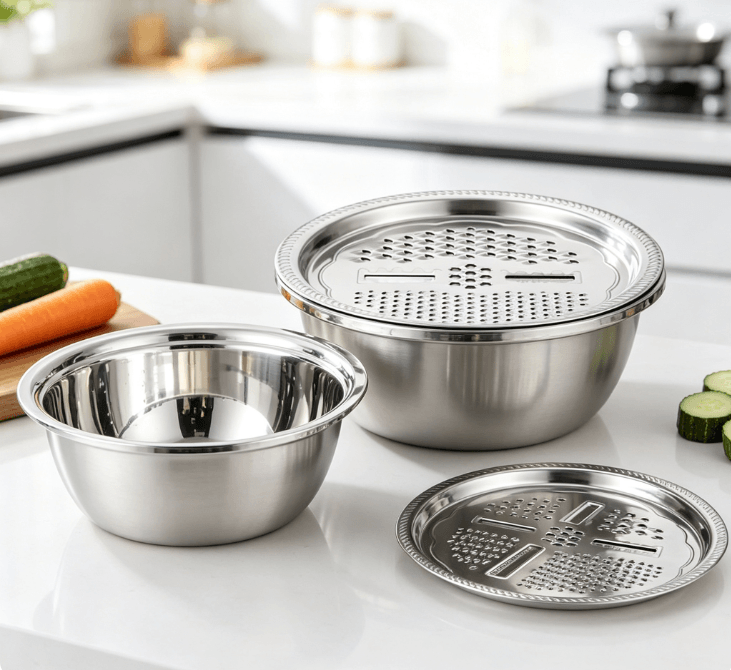 3Pcs Stainless Steel Drain Basket & Multifunctional Vegetable Cutter Set (26cm) product image